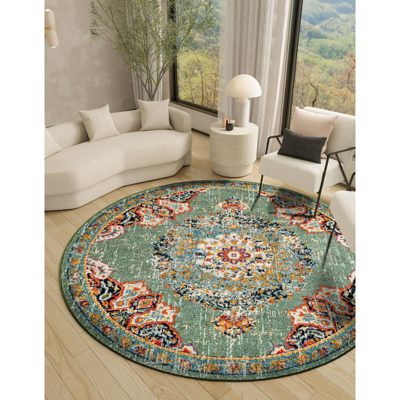 Galyean Abstract Green/Orange Area Rug, Round 7'10"