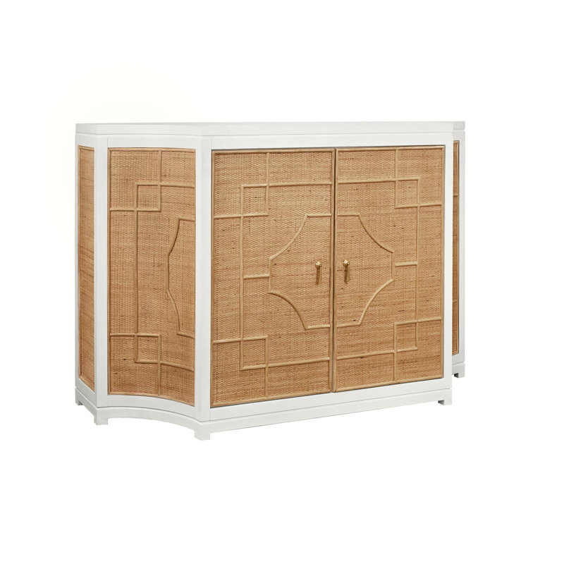 Two Door Decorative Rattan Overlay Cabinet With Curved Ends Painted, Matte White