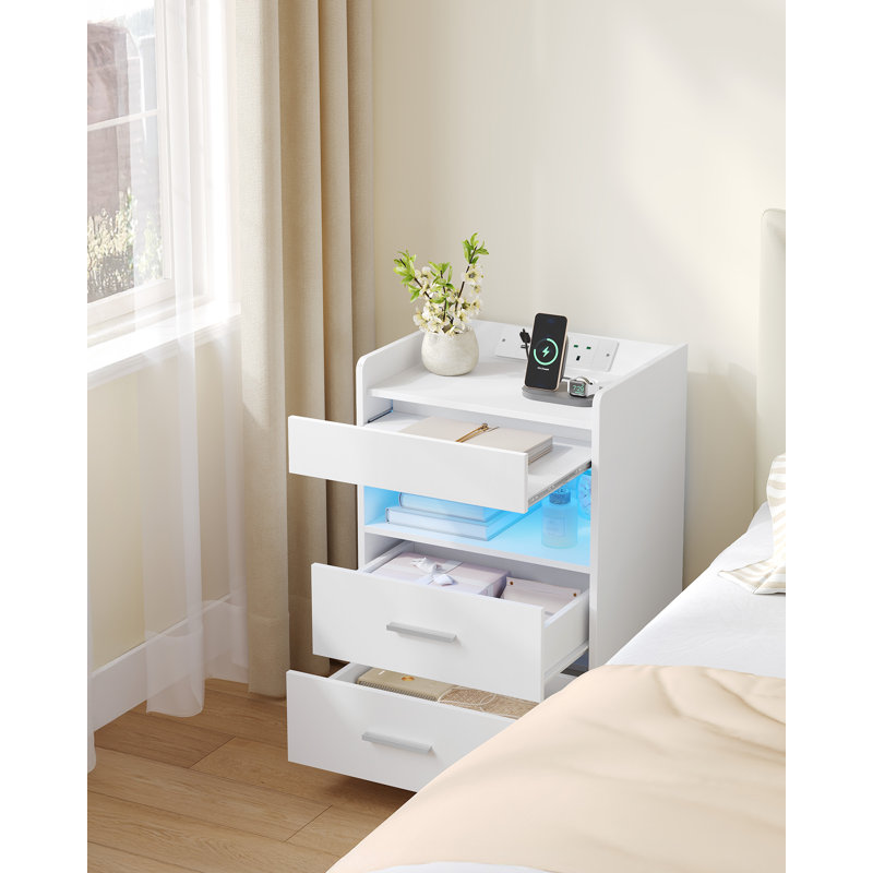 Bedside Tables Set of 2 with Power Strip, Bedside Cabinet with Pull-Out Tray & 2 Drawers, Side Table with LED, Open Compartment, Nightstand for Living Room, Bedroom, Study