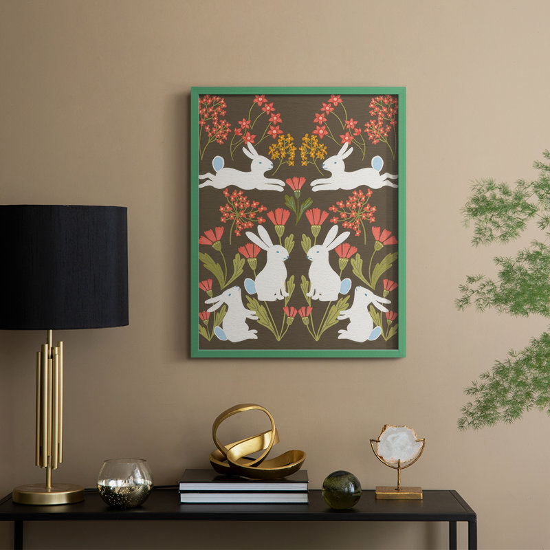 Folk Flower and Rabbit II Framed Print - Solid Wood, Green, 11" H x 9" W