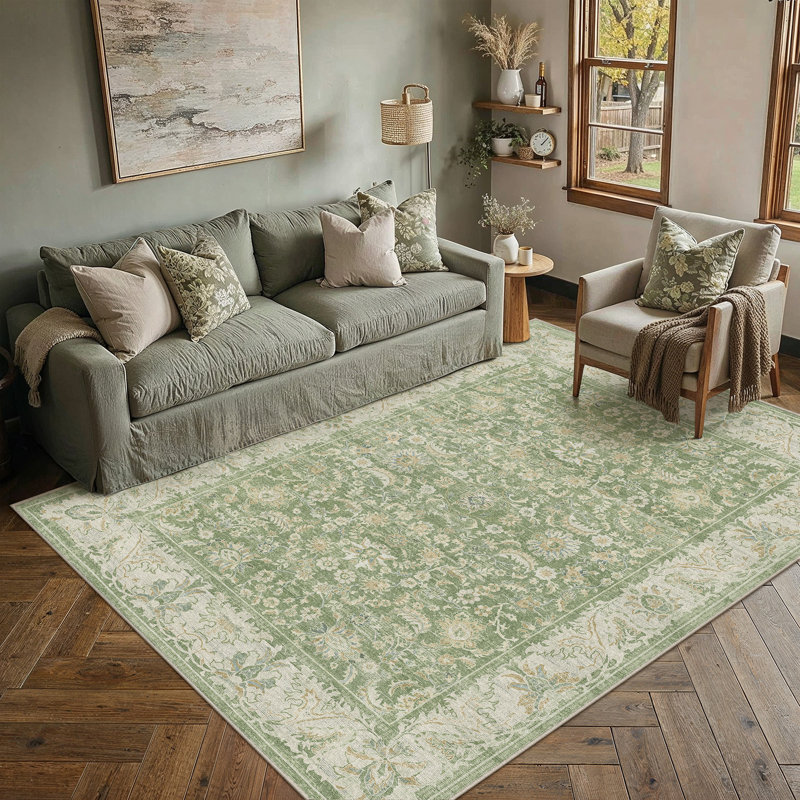 Tapis oriental lavable en machine Nestiva, Vert, Rectangle 8 pi x 10 pi