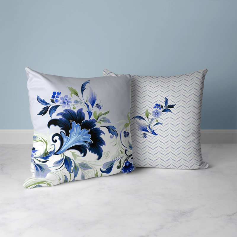 Blue and Green Damask Square Indoor/Outdoor Throw Pillow