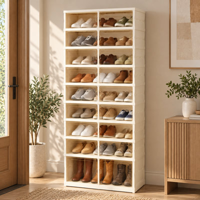 Foldable Shoe Rack with Doors, Stackable Plastic Shoe Storage Organizer, 9-Tier Collapsible Shoe Cabinet Holds 27 Pairs, Large Clear Shoe Storage Boxe