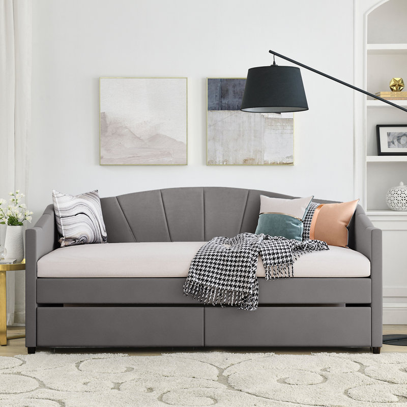 Marlos Simple and Fashionable Twin Size Velvet Fabric Upholstered Daybed with Drawers and Center Support Legs, Gray