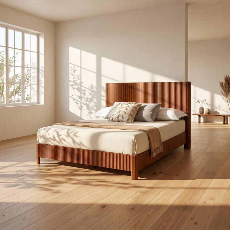 Grand lit plateforme en bois ondulé et en métal Aurelius