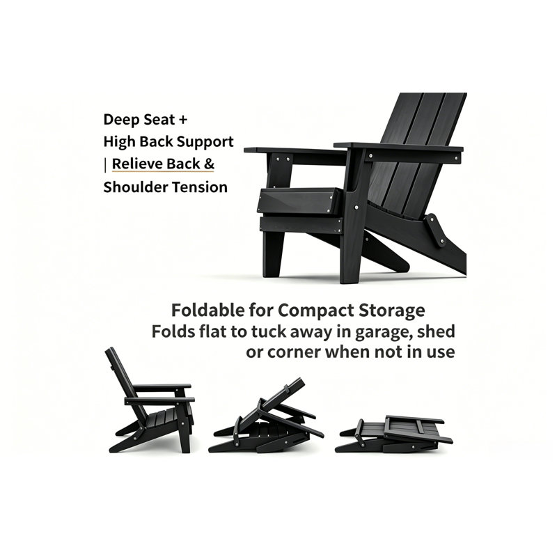 Outdoor All-Weather Foldable Adirondack Chair, Fade Resistant & Easy to Clean for Patio, Garden and Fire Pit Use, Black