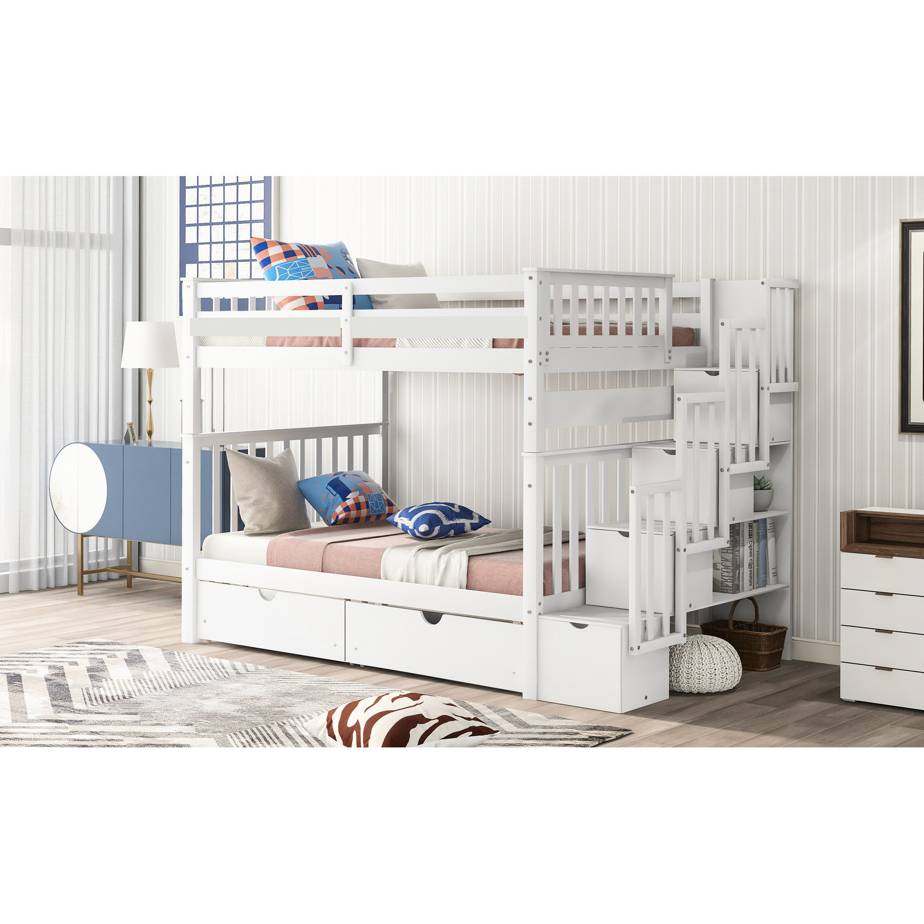Hokku Designs Full Over Bunk Bed, White Color, Open Shelves And 6