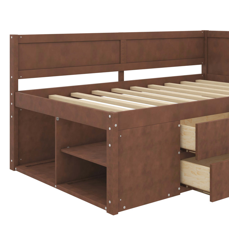 Daybed With Built In Drawers And Shelves, Walnut, Twin