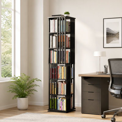 Black 6-Tier Rotating Bamboo Bookshelf Tower – 360° Vertical Spiral Corner Storage Unit
