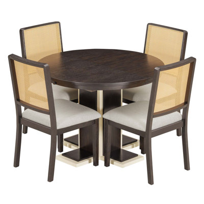 Table de salle à manger ronde pour 4 personnes avec ensemble de chaises, ensemble de table de salle à manger extensible avec rallonge de 16 po et 5 pièces pour table de salle à manger