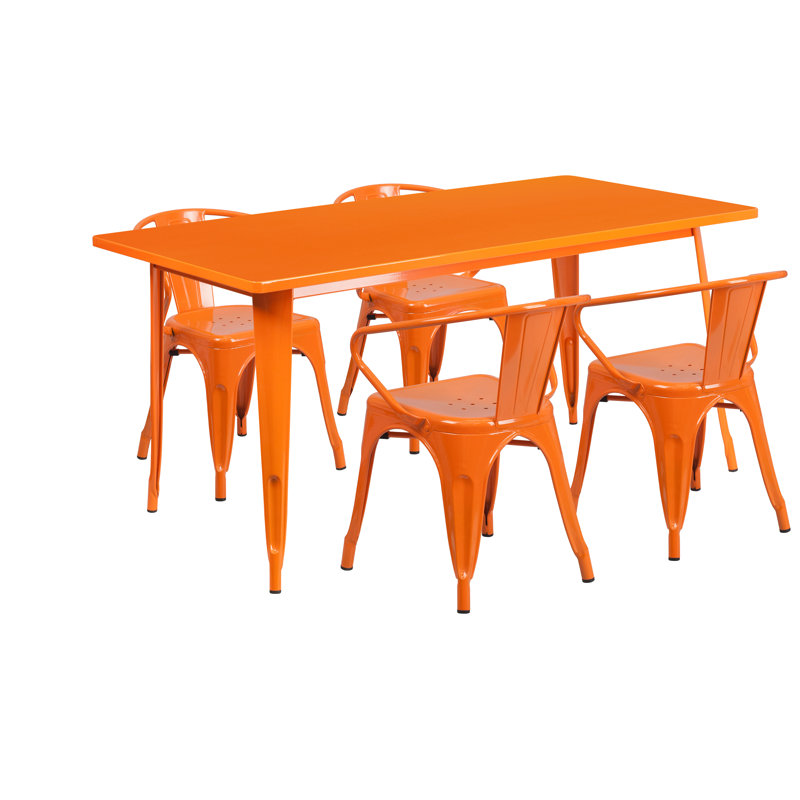 Lubron 31.5'' x 63'' Rectangular Metal Indoor-Outdoor Table Set with 4 Arm Chairs, Orange, 7