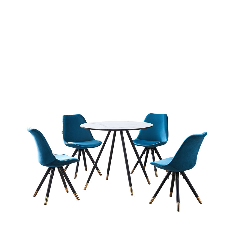 Pala 4 Person Dining set - a Round Wooden Dining Table with Metal Legs and a Set of 4 Quilted Velvet Dining Chairs for Dining Room - Modern Dining Table Set