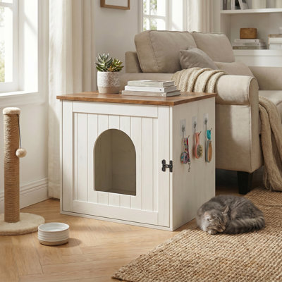 Cat Washroom Cabinet, Snapsemble Superfast Assembly Litter Box Furniture with Double Latches, Rustic White and Brown