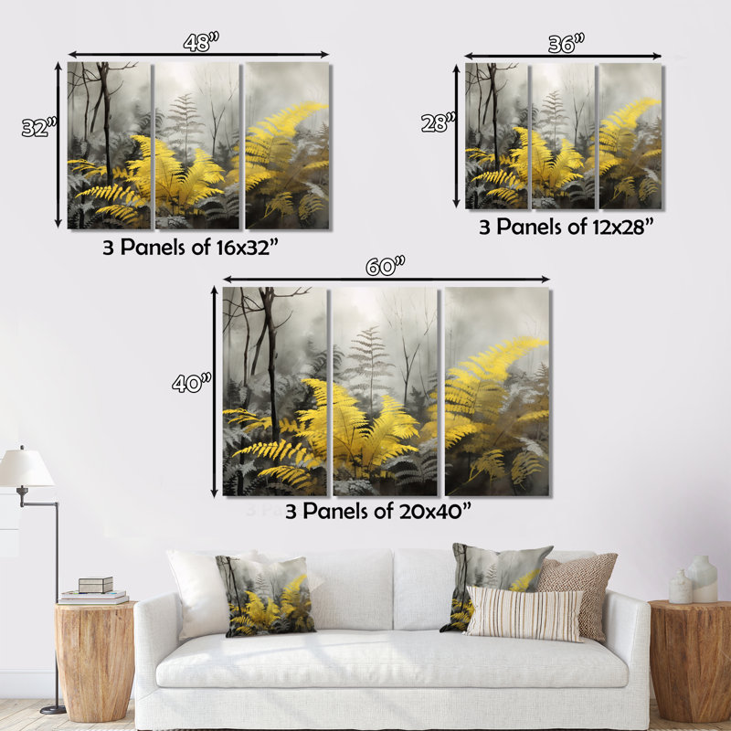 Yellow Grey Ferns Dream II - Floral Canvas Prints Set, H 28 po x l 36 po x P 1 po