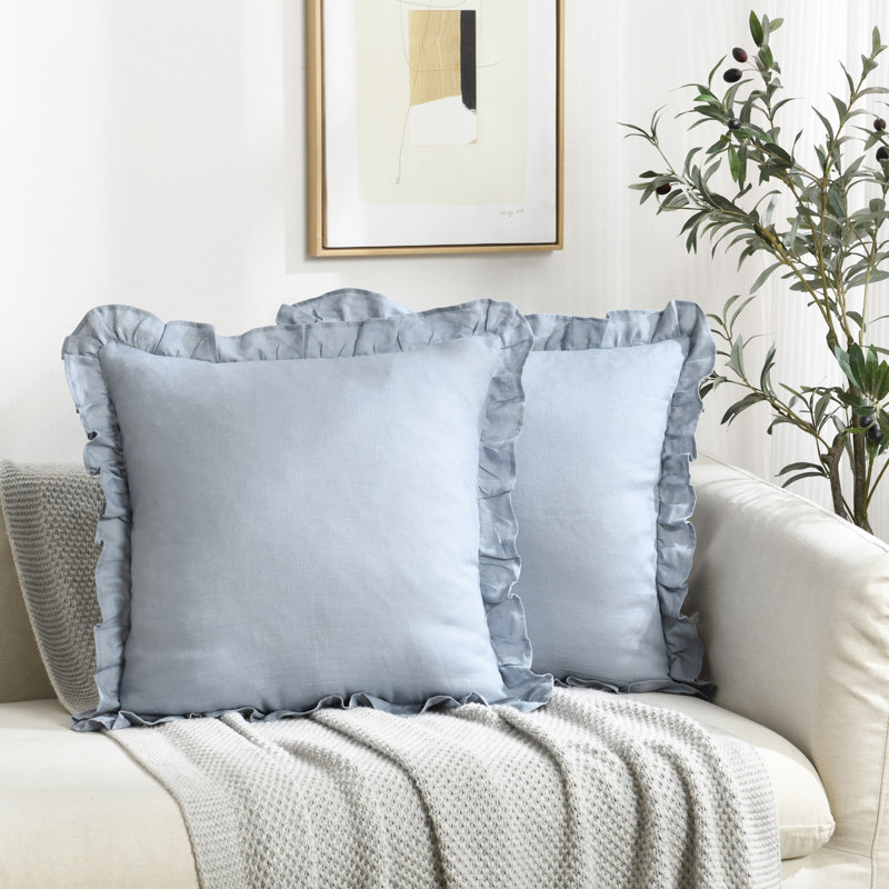 Housses de coussin à franges en lin, Bleu, H 18 po x l 18 po