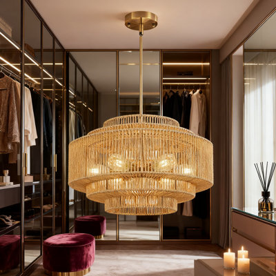 Grand lustre boho en rotin 6 lumières avec abat-jour tambour, luminaire de ferme tissé à la main pour salle à manger, salon, cuisine, vestibule, couloir ou escalier