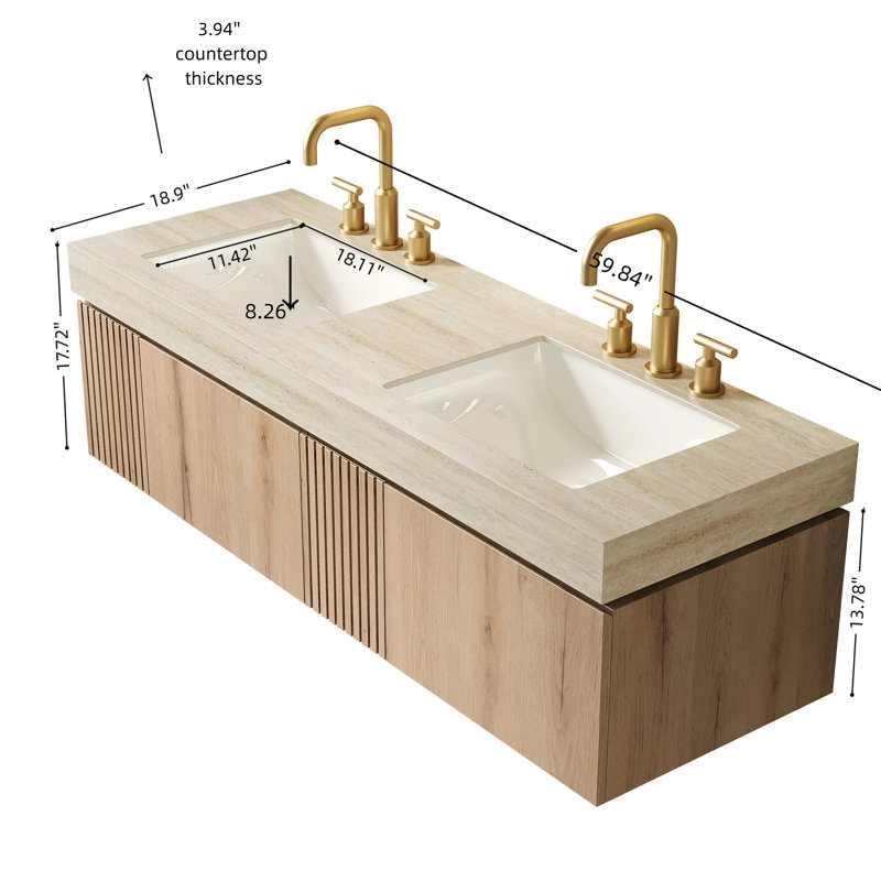 Meuble-lavabo suspendu double de 60 po avec comptoir en pierre frittée et tiroirs en bois cannelé, armoire, préassemblé