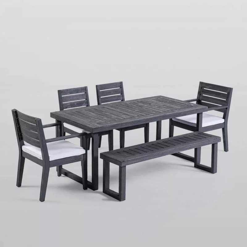 Ensemble repas d'extérieur en bois d'acacia 6 places avec banc, sablage gris foncé avec coussin gris clair