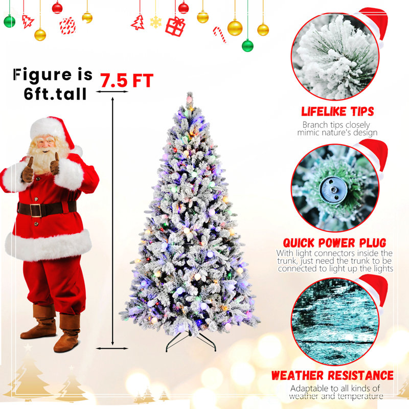 Arbre de Noël floqué 7,5 pi, Multicolore, 7.5', Illuminée
