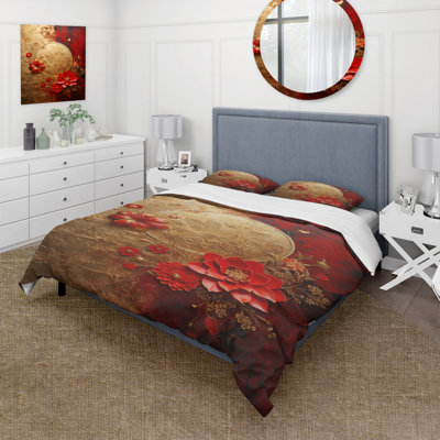 Ensemble de housse de couette God and Red Floral Japanese Tiles II - Abstract Botanicals