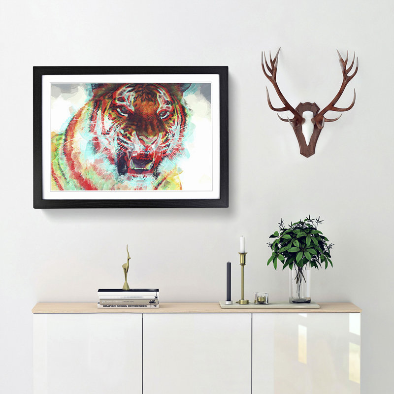 Roaring Tiger in Abstract - Picture Frame Painting Print, 60cm H x 91cm W x 2cm D, Black