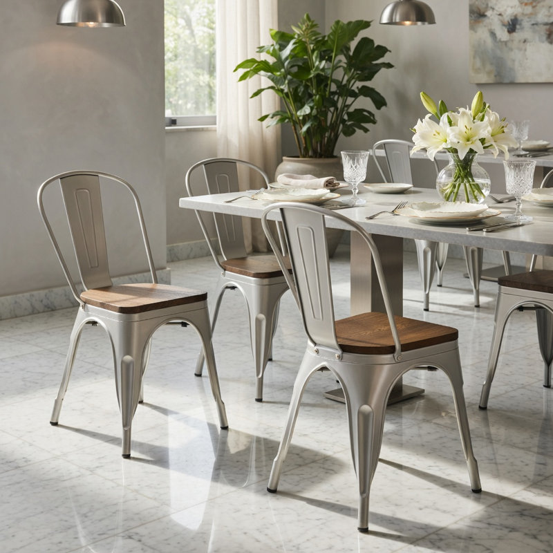  Ensemble de 4 chaises de salle à manger empilables en métal avec dossier haut amovible et siège en bois d'orme massif, chaises de cuisine et de café modernes pour la maison, le restaurant et le bureau, blanc