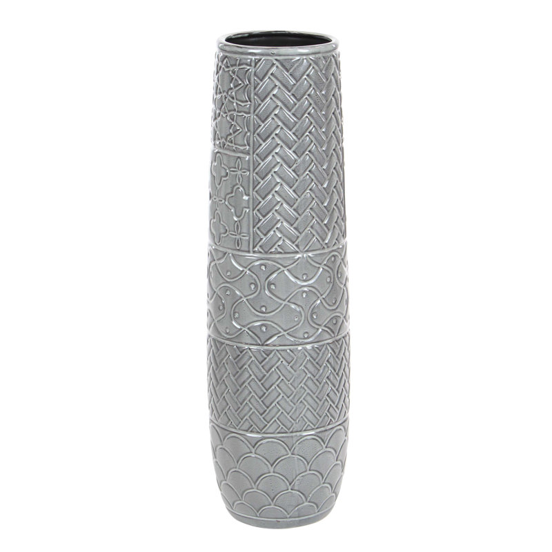 16" Gray Ceramic Floor Vase with Geometric Patterns