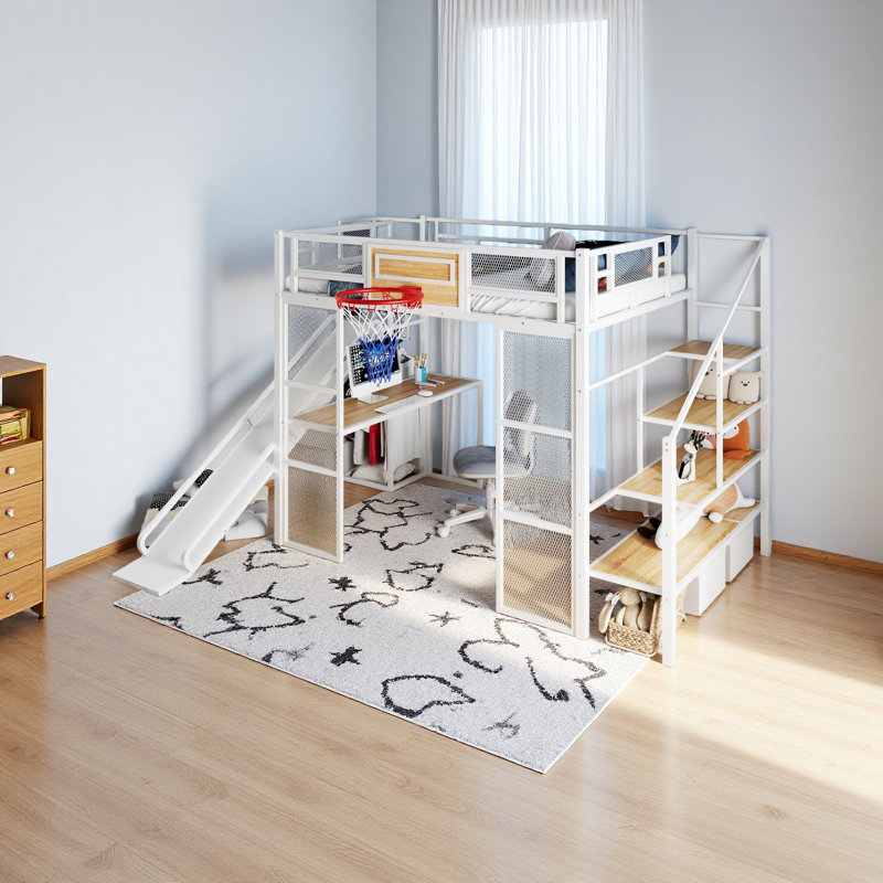 Full Size Metal Loft Bed With Built-In Desk, Open Wardrobe, Basketball Hoop, Slide And Staircase, White