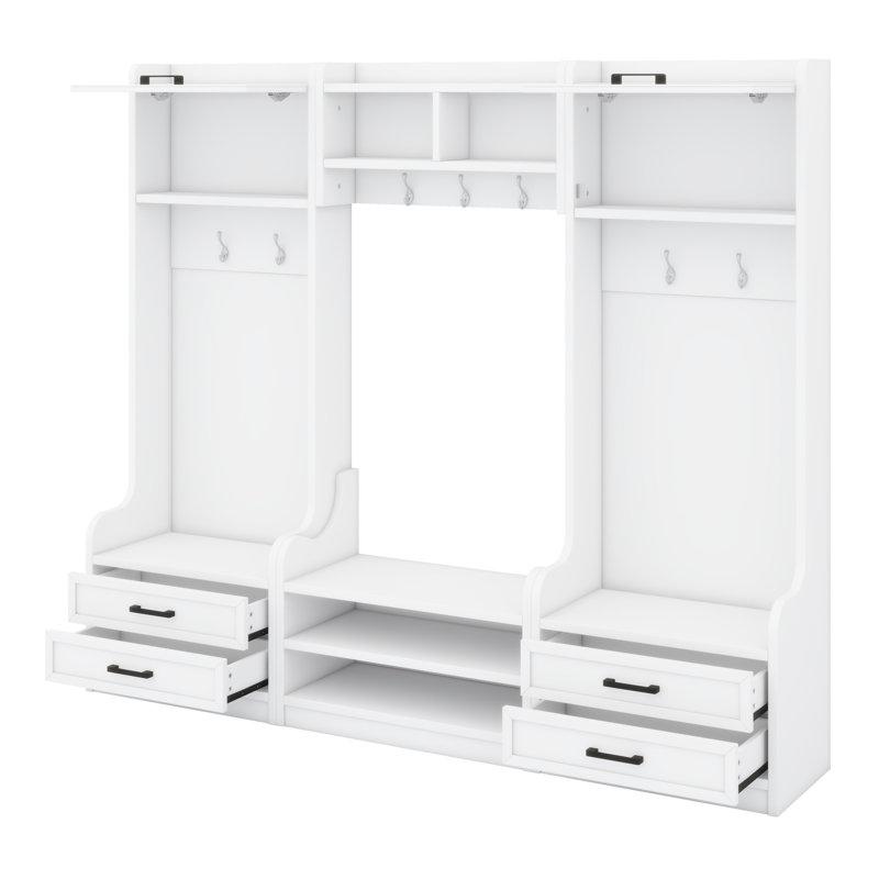 Detachable Hall Tree With Storage And Seven Hooks,  Hallway Coat Rack With Storage Drawers And Cabinet, White