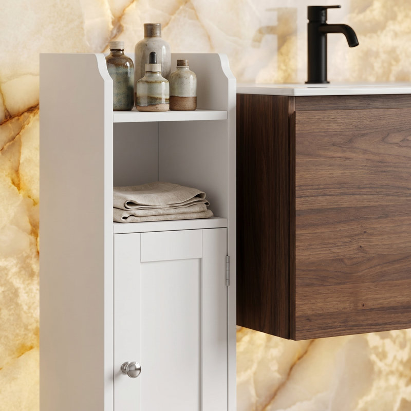 31,5 po Armoire de rangement de coin de salle de bain H Slim avec porte et tablettes réglables, blanc nuage