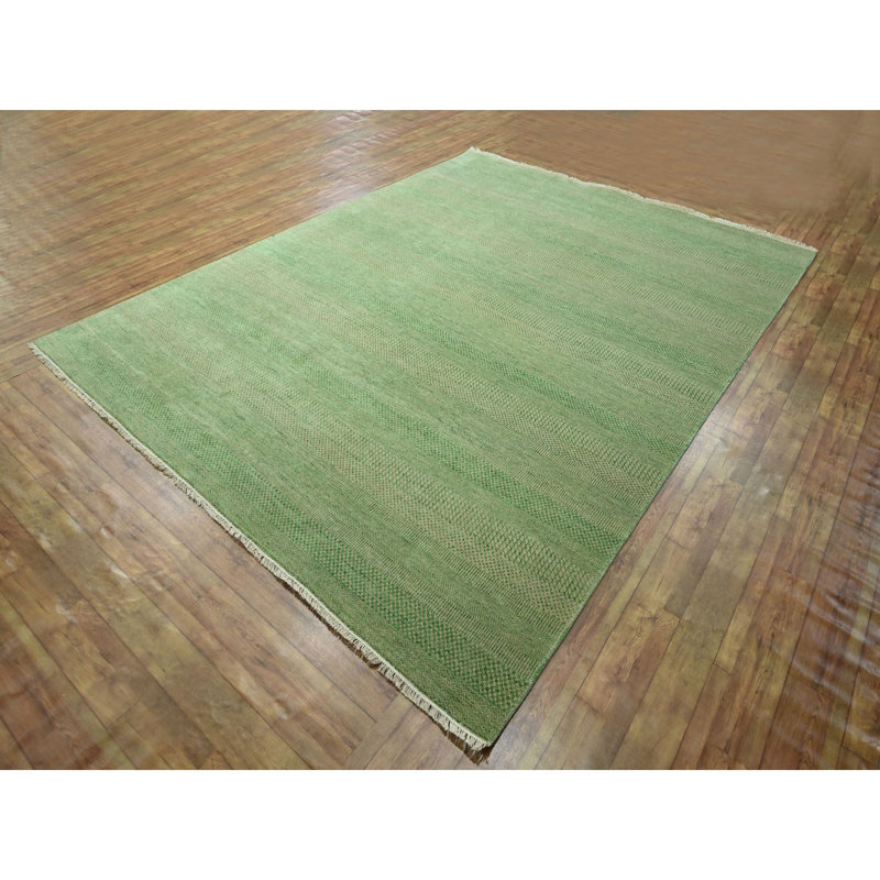 Tapis vert menthe poivrée 8 pi 1 po x 10 pi 3 po, noué à la main, tissage dense, ton sur ton, sans bordure, laine et soie, luxuriant et moelleux, tapis oriental