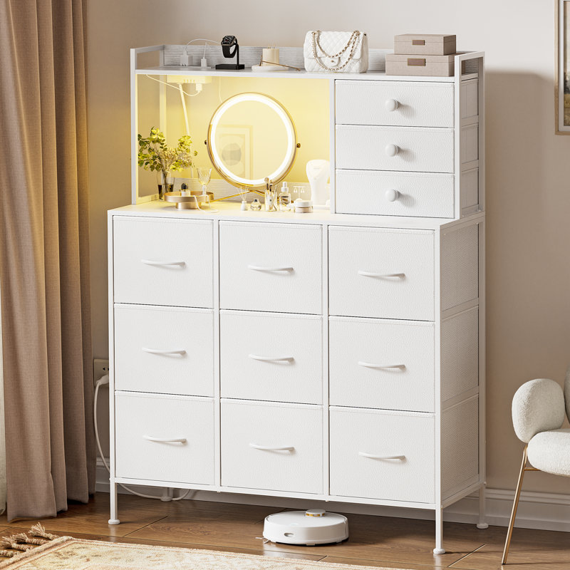 Commode 12 tiroirs avec 2 tablettes, commode H 53,15 po avec DEL et prise Cheo, Blanc