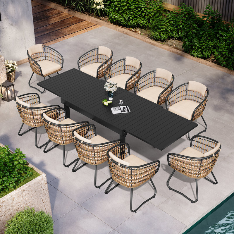 10 - Person 106’’L Patio Dining Set with Beige Cushions and Extendable Aluminum Table, Beige