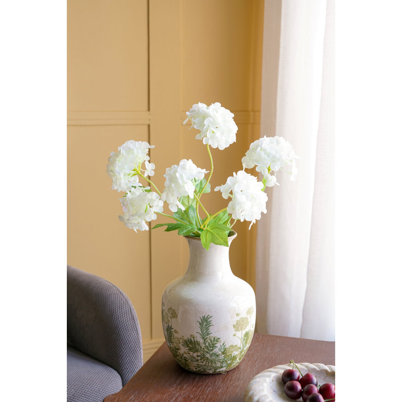 Vase en céramique 7 x 7 x 10 po avec finition blanche et motifs botaniques verts