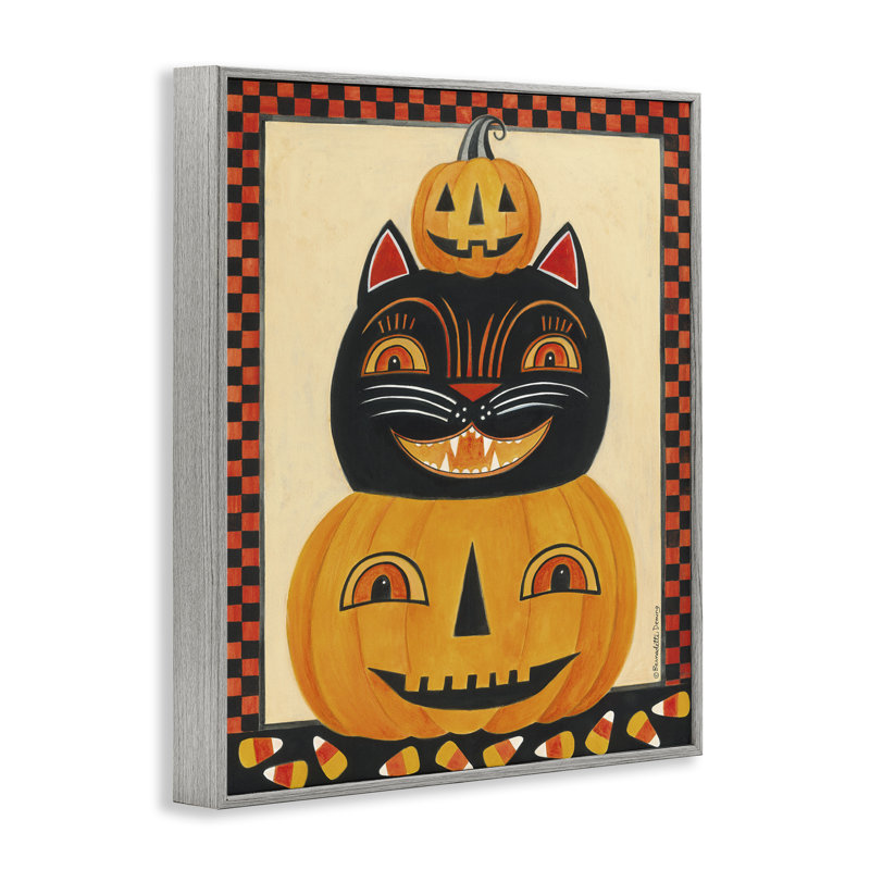 Giclée encadrée de chat et de citrouilles souriantes rétro, design par Bernadette Deming, Estampe numérique Farmhouse
