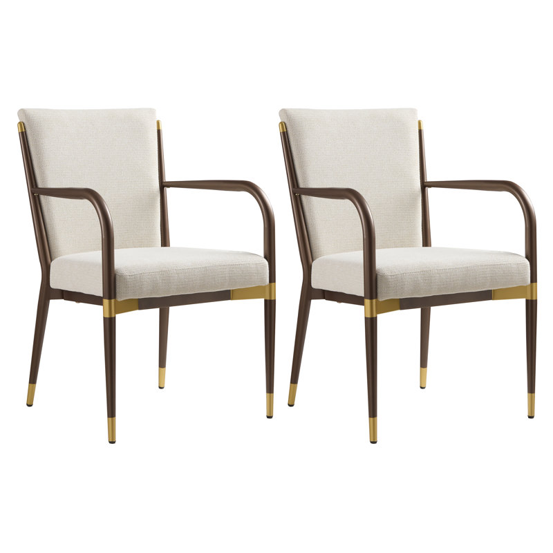 Blondell Modern Glam Iron Upholstered Dining Arm Chair with Toothpick Back Design, Beige Cushion/Brown Frame