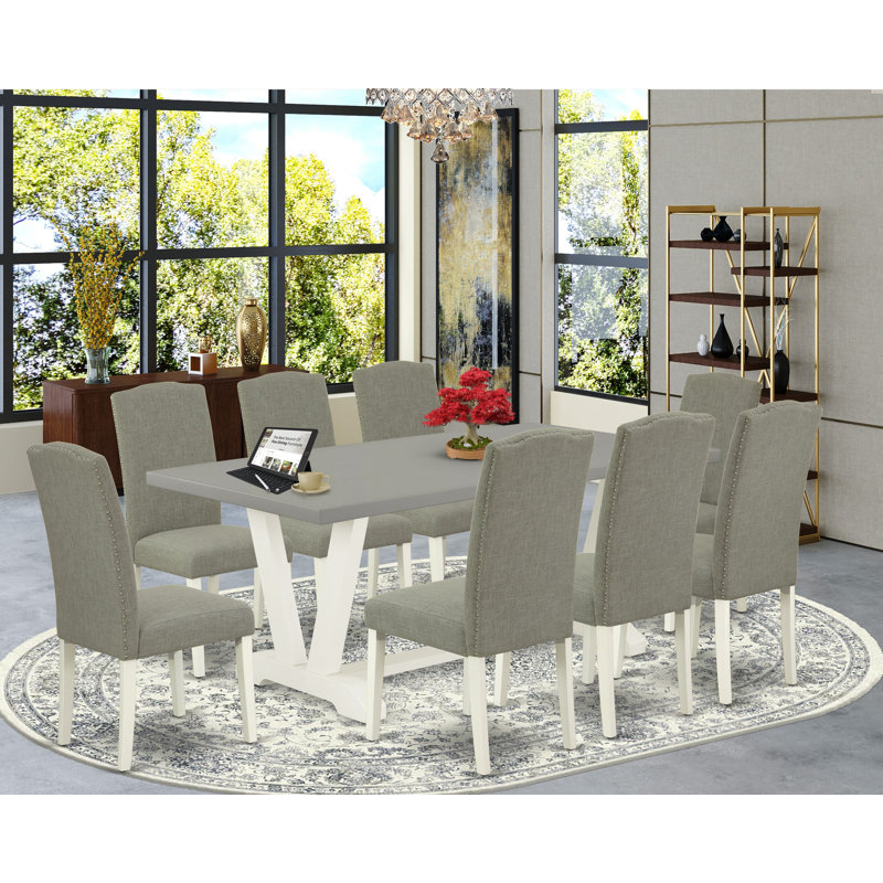 9-Piece Dining Set Dining Room Table - 8 Linen Fabric Dining Chairs (linen white Finish), 9 Pieces: Table, 8 Chairs, Cement