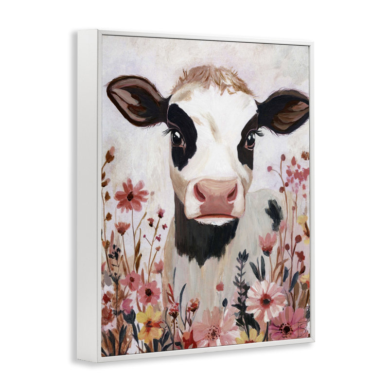 Vache et fleurs sauvages roses, estampe numérique, design par Sara Culpepper, H 14 po x l 11 po