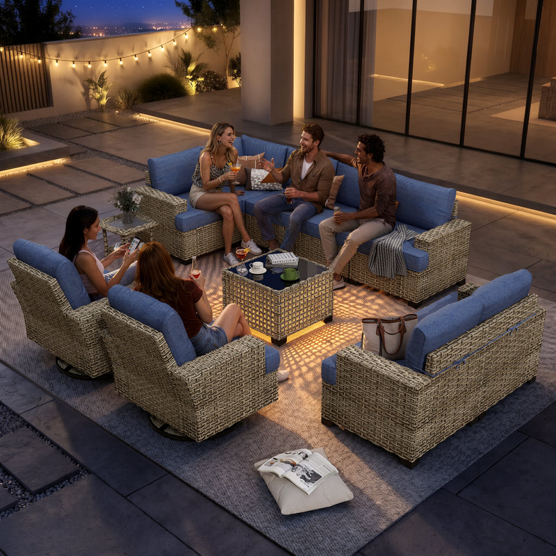 Tommy Outdoor Wicker 9 Person Seating Group With Cushions, Denim Blue