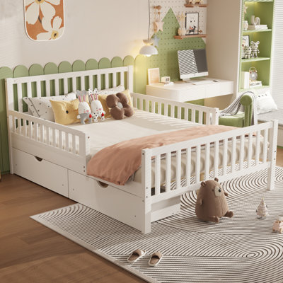 Wood Platform Bed with Guardrails on Both Sides and Two Storage Drawers, Full, White