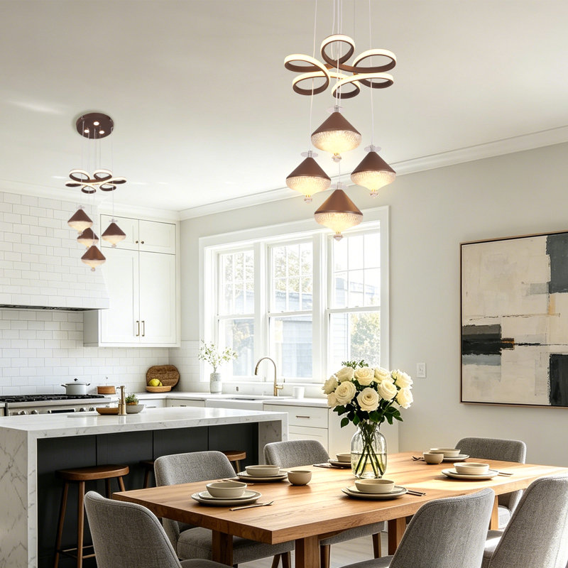 Modern 4-Light Brown Led Pendant Light With 3-Color Dimmable