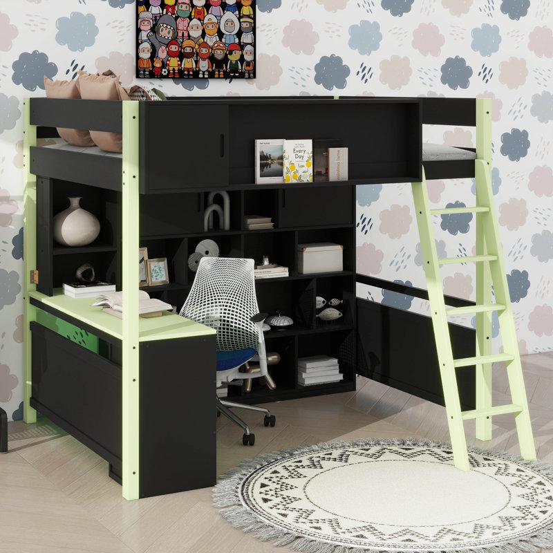 Lit mezzanine double en bois avec bureau et tiroirs, lit mezzanine avec beaucoup de rangement et éclairage, Vert