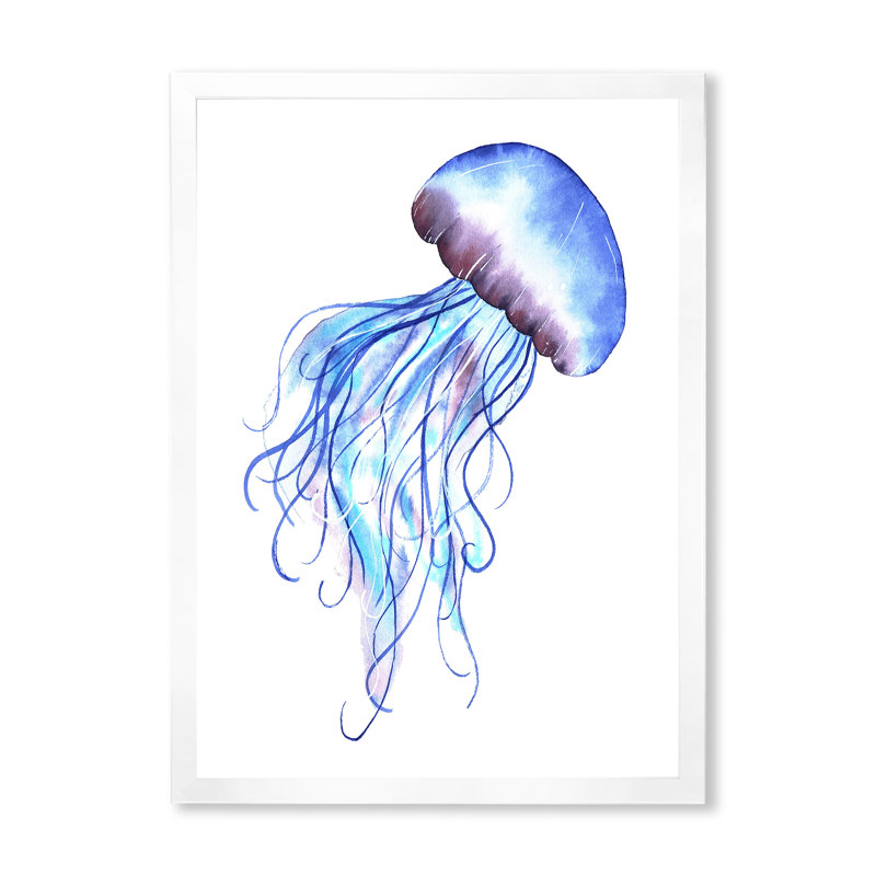 Adorable méduse bleue - reproduction sur toile, H 36 po x l 24 po, Cadre photo blanc
