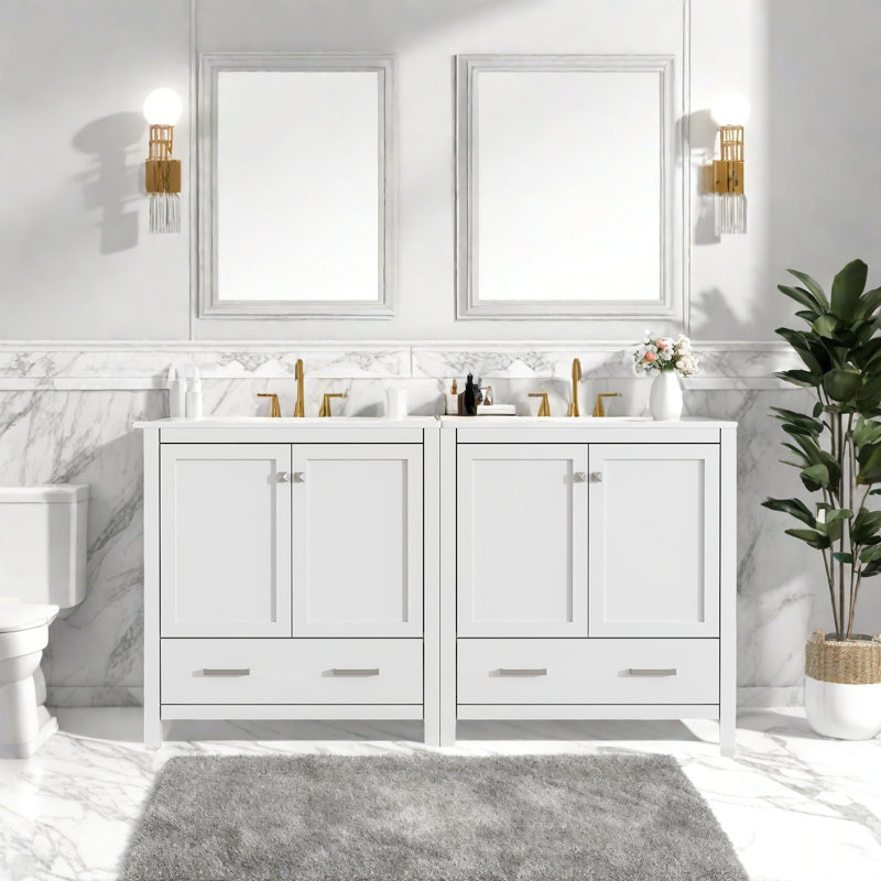 Meuble-lavabo double avec lavabo en céramique blanche, portes à fermeture douce, rangement spacieux, structure en bois massif, armoire de salle de bain moderne avec tiroirs et tablettes - unités 2 x 30 po