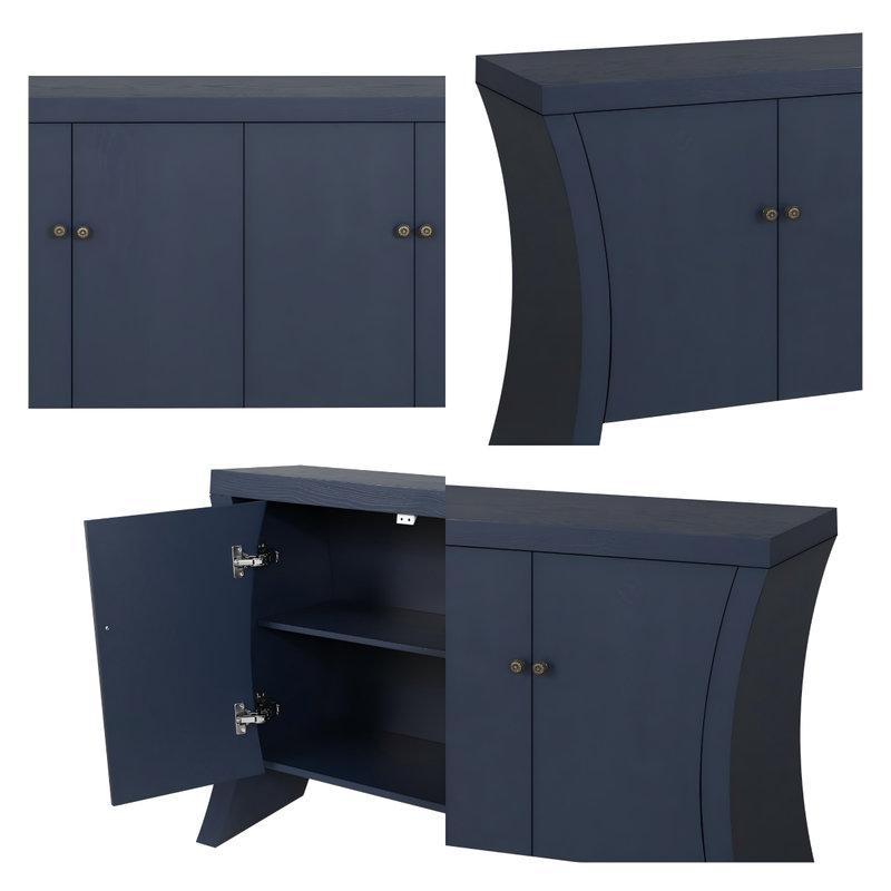 4-Door Storage Cabinet with Wooden Arc Legs, Navy Blue