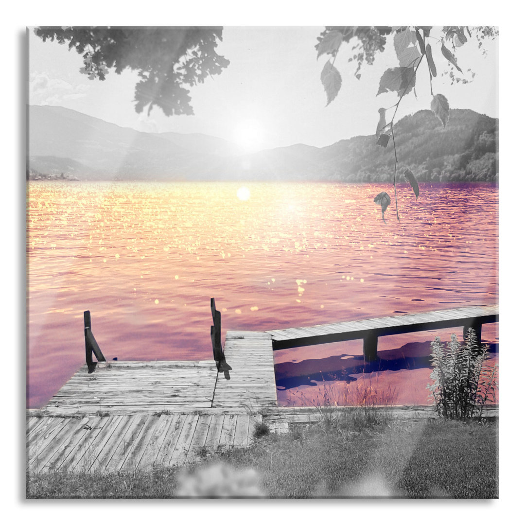 Glasbild Quadratisch  Wandbild Auf Echtglas  Steg Am See Bei Sonnenaufgang  Aufhängung Und Abstandshalter LQ4983