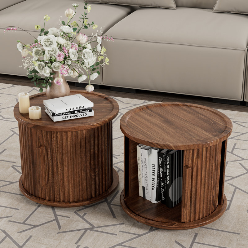 Ensemble de 2 tables de chevet rondes cannelées, ensemble de tables de chevet à finition noyer, table de bout pour le salon de la chambre à coucher