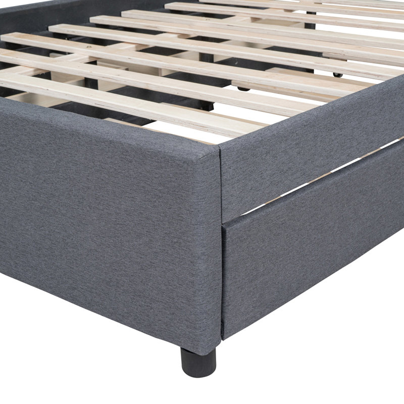 Lit plateforme tapissier avec 2 tiroirs et 1 lit gigogne simple, tête de lit classique pour les chambres élégantes et peu encombrantes