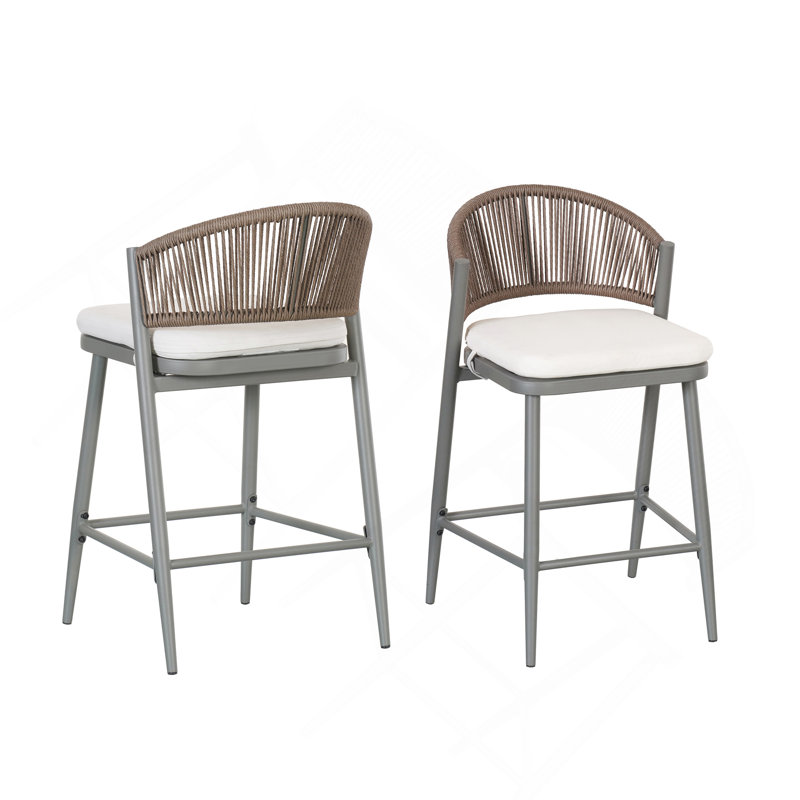 Tabouret de patio Eisen, Coussin beige / structure en fer gris mat, Tabouret de comptoir (siège d'une hauteur de 26 p, 2