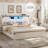 Farmhouse Bed Frame With Led Lights And Charging Station, Wooden Platform Bed With 2 Storage Drawers, Rustic Accent Headboard With Sliding Barn Door Storage Cabinets, White-1310404670-1283342779
